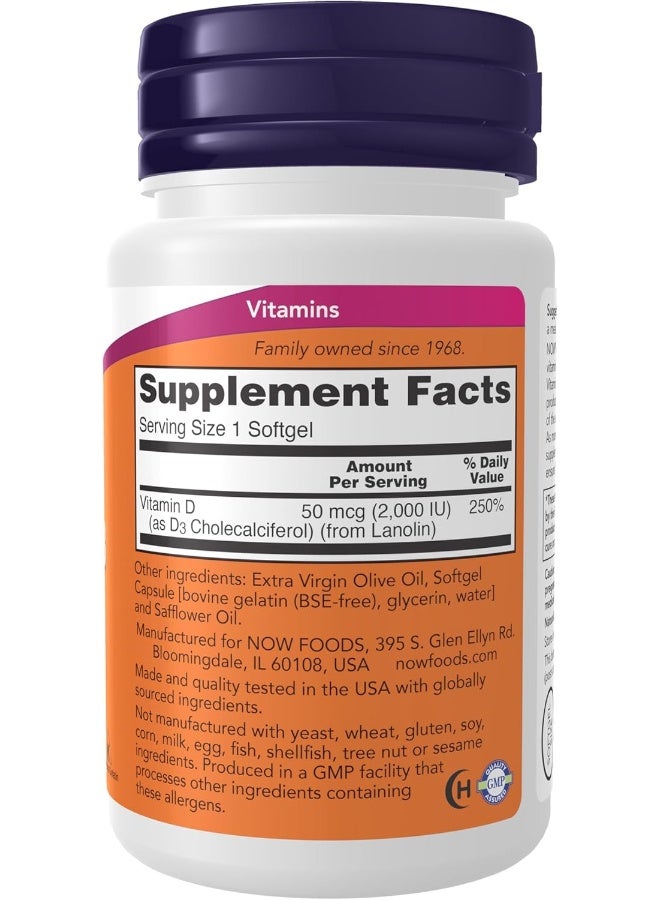 Now Foods High Potency Vitamin D-3 Dietary Supplement 2000 IU - 30 Softgels - Image 2