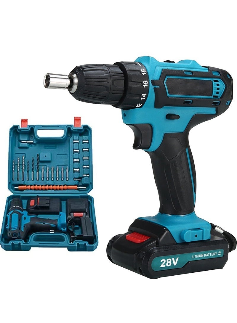 Bukela Electric Impact Drill Screwdriver Set Electric Multi-Functional Rechargeable Drill Lithium-Ion Drill Power Tools Package Electric Screwdriver Electric Drill Hand Drill Built-in LED Work Light Drilling Tool 28V Two Power And One Charger 24pcs Set - Image 1