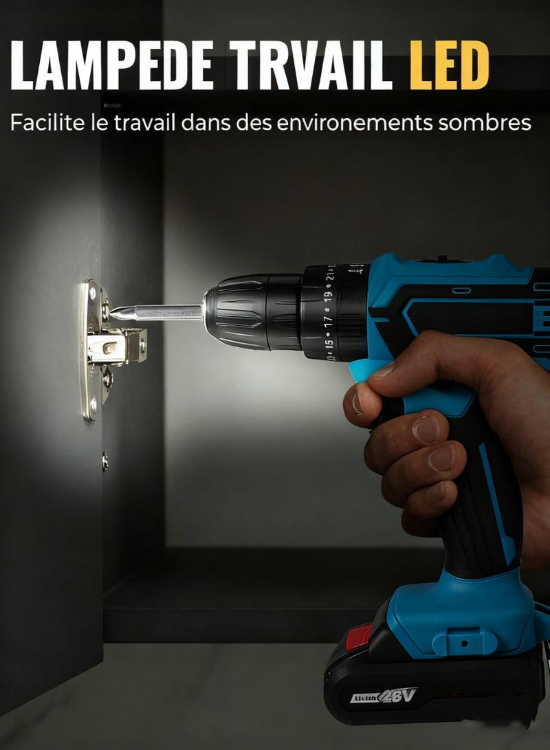 Bukela Electric Impact Drill Screwdriver Set Electric Multi-Functional Rechargeable Drill Lithium-Ion Drill Power Tools Package Electric Screwdriver Electric Drill Hand Drill Built-in LED Work Light Drilling Tool 28V Two Power And One Charger 24pcs Set - Image 2