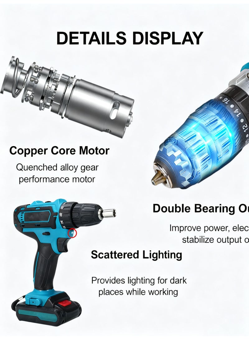 Bukela Electric Impact Drill Screwdriver Set Electric Multi-Functional Rechargeable Drill Lithium-Ion Drill Power Tools Package Electric Screwdriver Electric Drill Hand Drill Built-in LED Work Light Drilling Tool 28V Two Power And One Charger 24pcs Set - Image 3