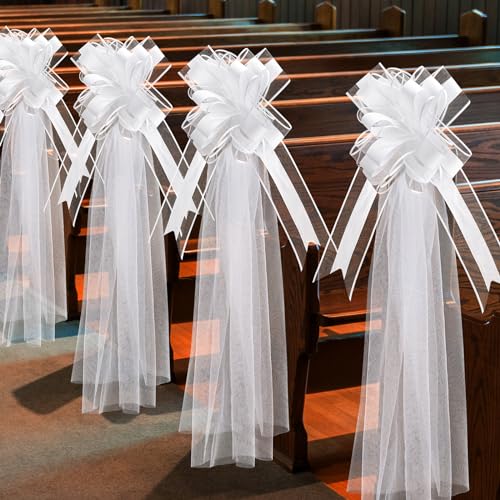 FineCheer 12 Set Large Wedding Pew Bows with Long Tulle Tails Church Chair Aisle Decorations Wedding Car Decoration Big Bows for Bridal Shower Reception Birthday Anniversary White - Image 1
