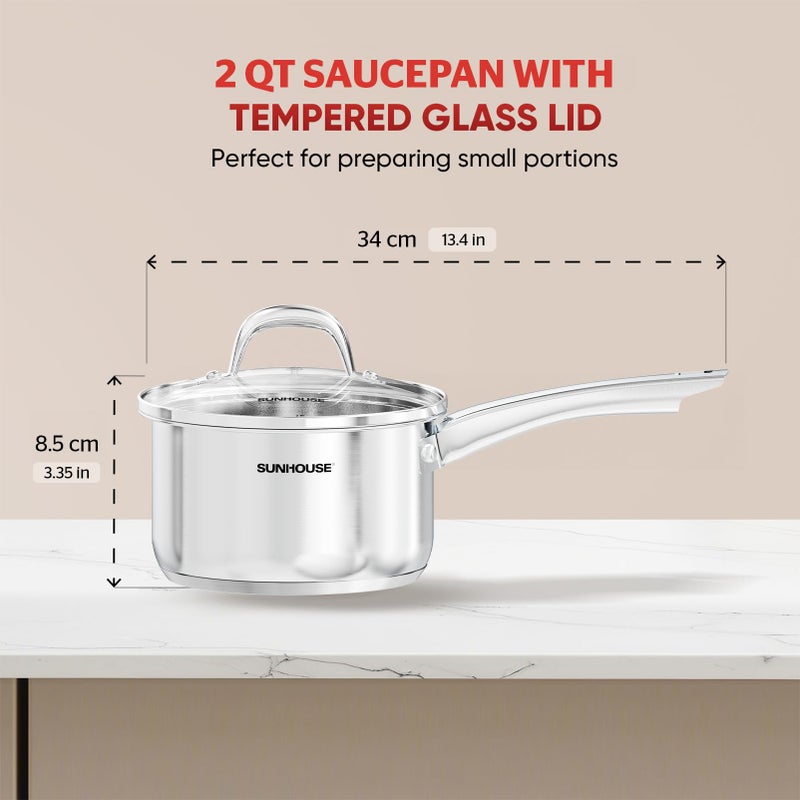 Sunhouse â€“ 2 Quarts Stainless Steel Sauce Pan with Lid - PFOA-FREE, Stainless Steel Sauce Pan, Advanced Impact Bonding Induction Base, Stay-Cool Handle, Compatible with All Cooktops - Image 2