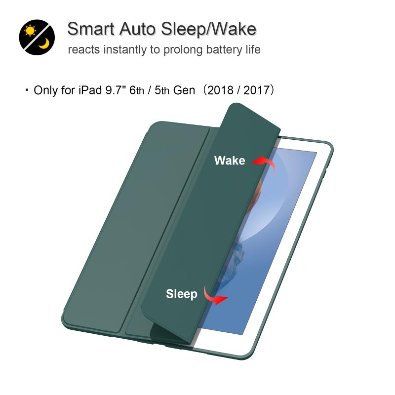 Divufus Case for iPad 9.7 inch 6th/5th Generation, Trifold Stand Smart Auto Sleep/Wake Cover, Lightweight Soft TPU Case with Pencil Holder for iPad 9.7" 2018/2017, Dark Green - Image 2