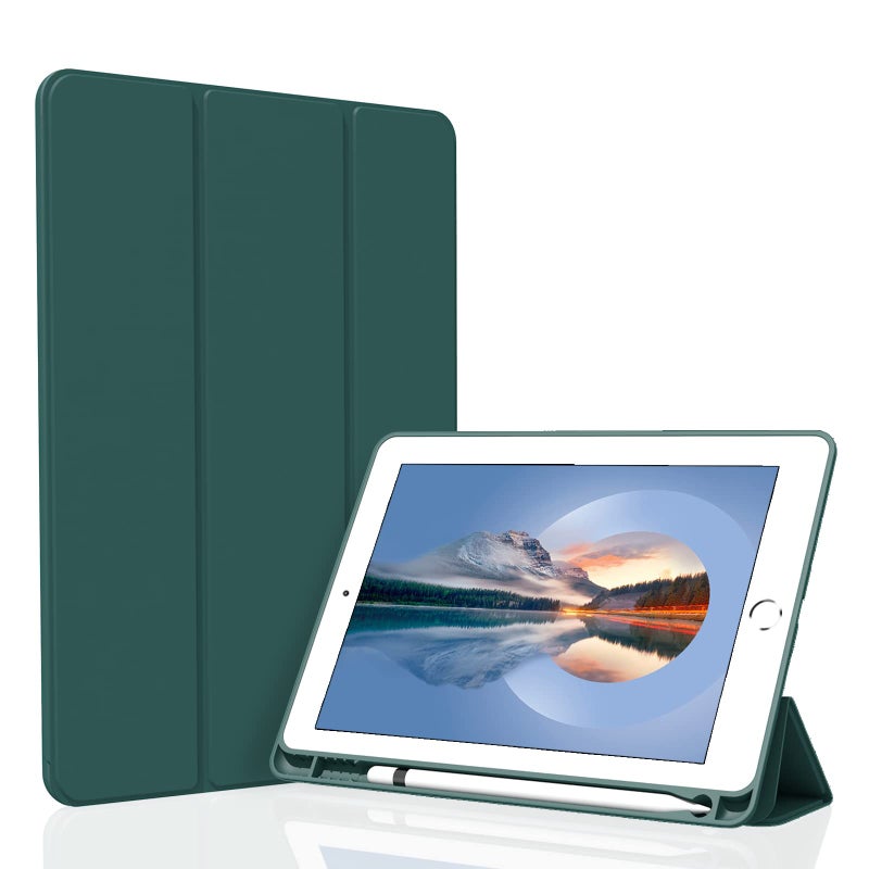 Divufus Case for iPad 9.7 inch 6th/5th Generation, Trifold Stand Smart Auto Sleep/Wake Cover, Lightweight Soft TPU Case with Pencil Holder for iPad 9.7" 2018/2017, Dark Green - Image 1