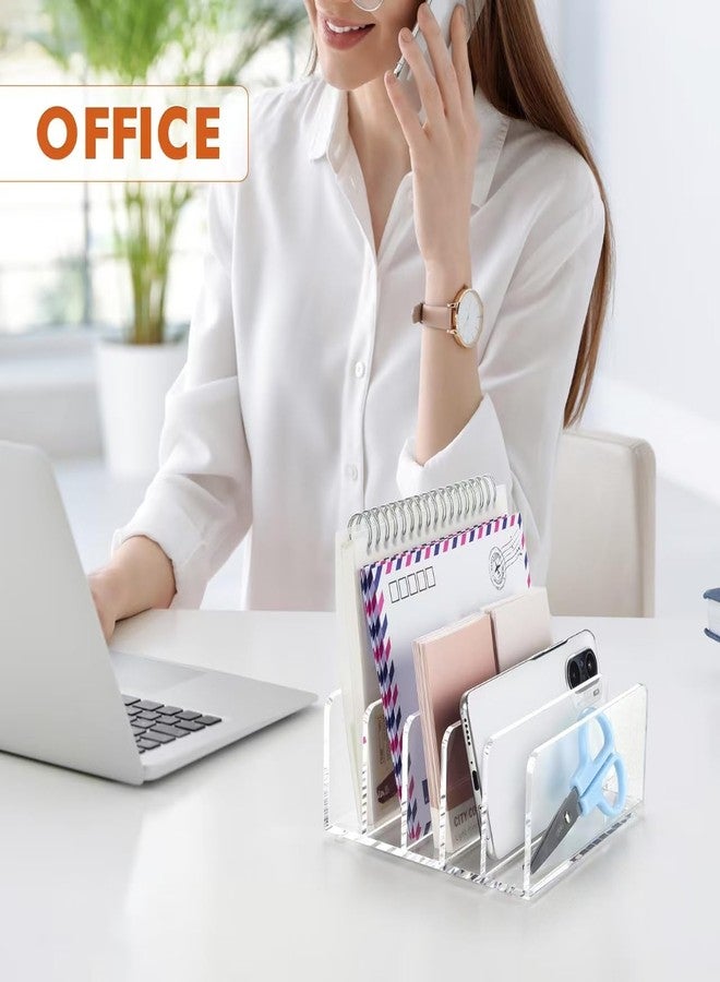 BEYGORM Acrylic Mail Holder, Clear Multifunction Desk Organizer with Divider, Vertical Letter Sorter for Desktop, 5 Compartments Modern Office Home Envelope Organizer for Bill, Document, Folder - Image 3