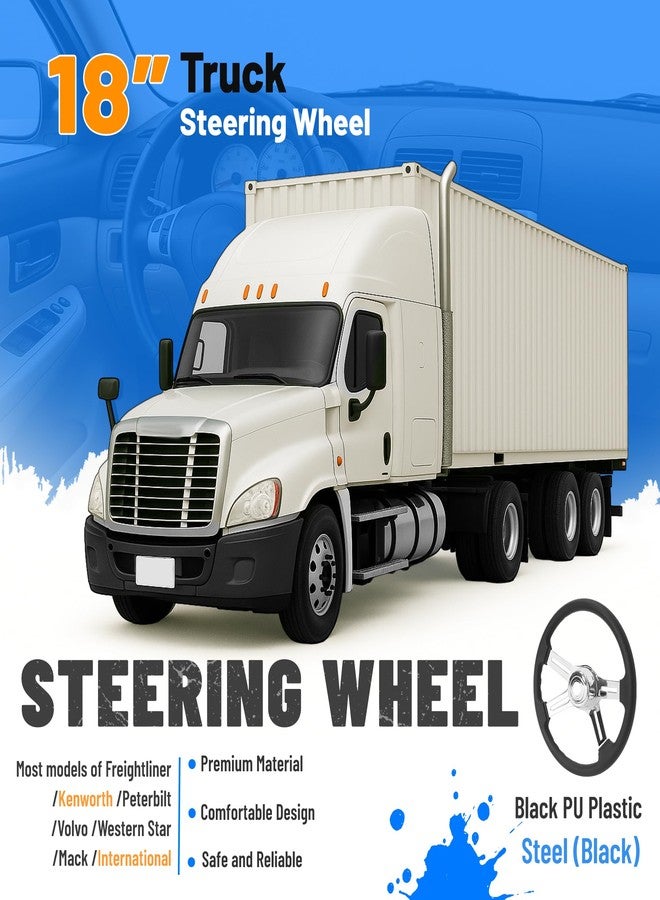 BALOCEO 18" Truck Steering Wheel 4 Spoke Compatible with Freightliner Kenworth Peterbilt Volvo Western Star Mack International-Black PU Plastic Steel (Black) - Image 2
