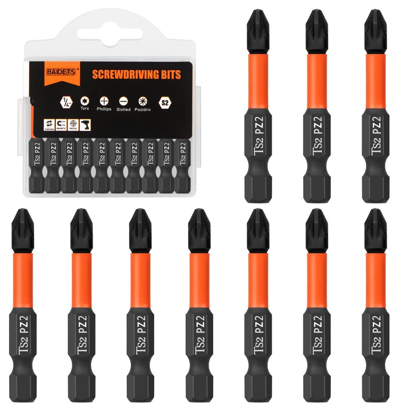 BAIDETS Pro PZ2 Screwdriver Bit Set - Pozi Screwdriver 10 Pieces, 50mm Length, 1/4" Hex Shank Bit Assortment, with Storage Box - Image 1