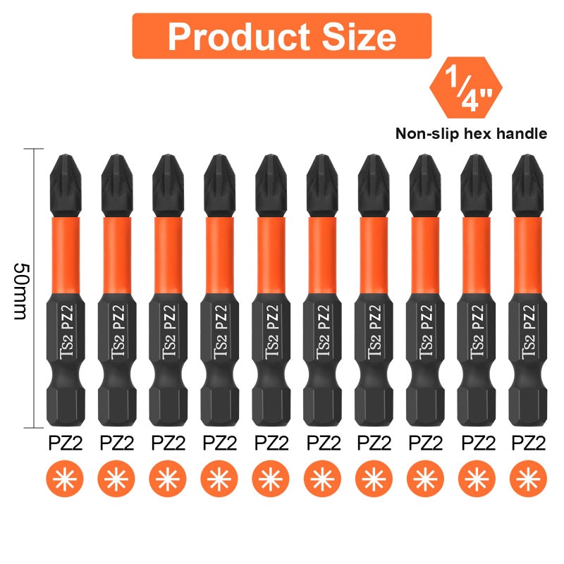 BAIDETS Pro PZ2 Screwdriver Bit Set - Pozi Screwdriver 10 Pieces, 50mm Length, 1/4" Hex Shank Bit Assortment, with Storage Box - Image 2