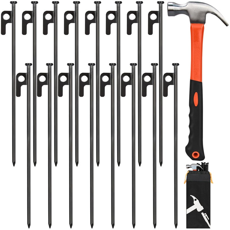 LFSEMINI Tent Stakes And Hammer Set, 16 Pack 12In Heavy Duty Forged Steel Tent Stakes + 11In Camping Hammer + Storage Pouch, Available In Rocky Place - Image 1