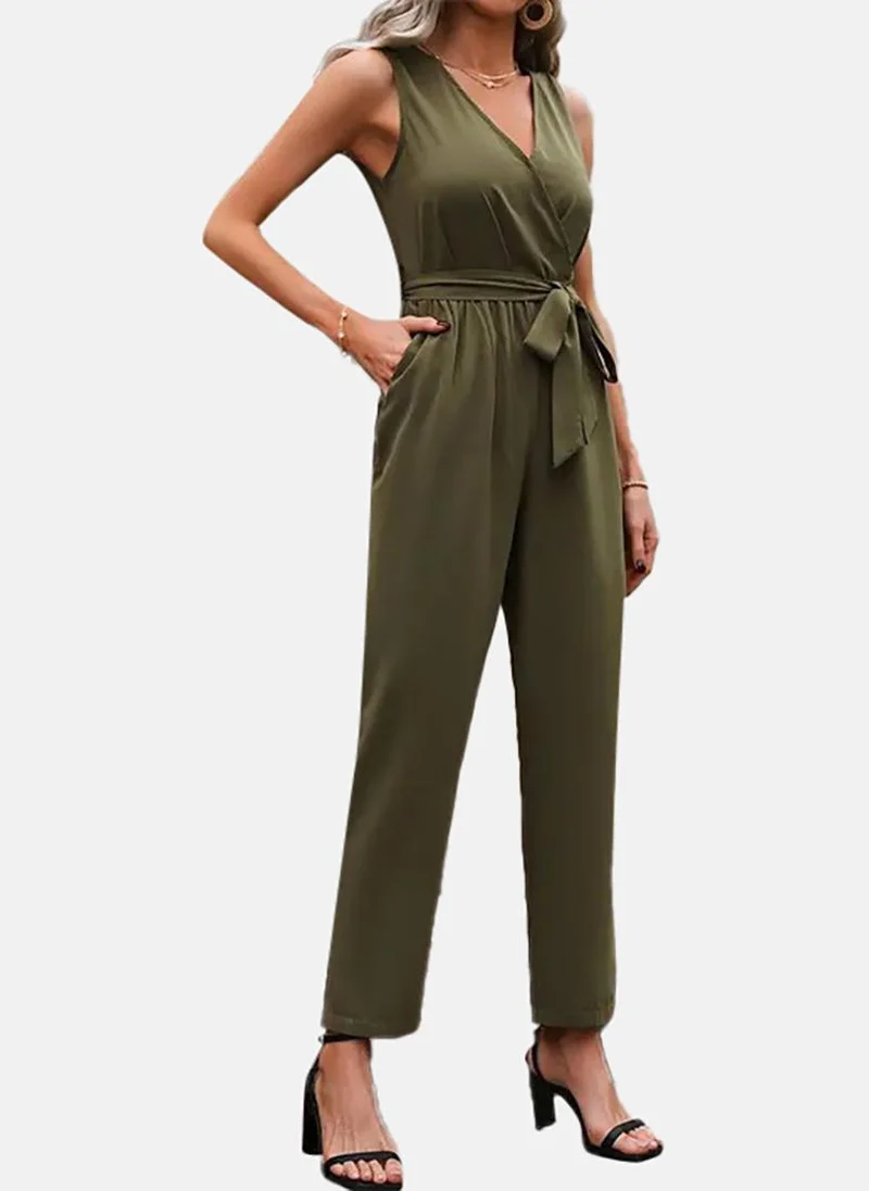 يونيكي Green Solid Slim Fit Plunge Neck Jumpsuit