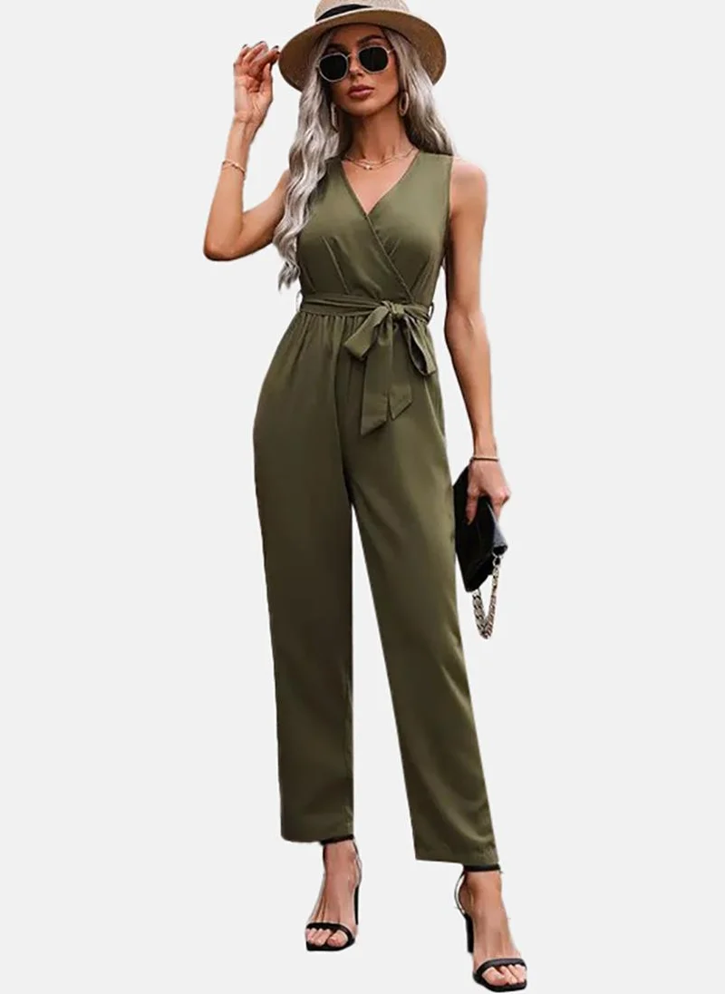 يونيكي Green Solid Slim Fit Plunge Neck Jumpsuit