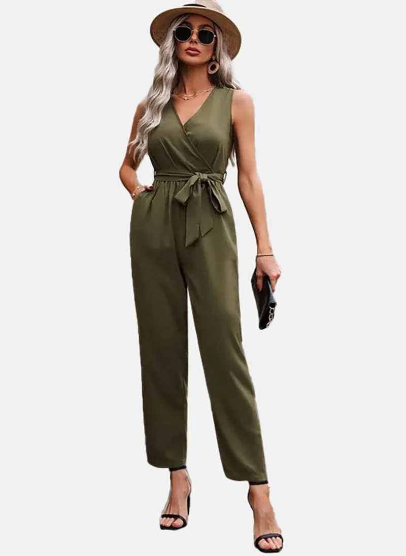 يونيكي Green Solid Slim Fit Plunge Neck Jumpsuit