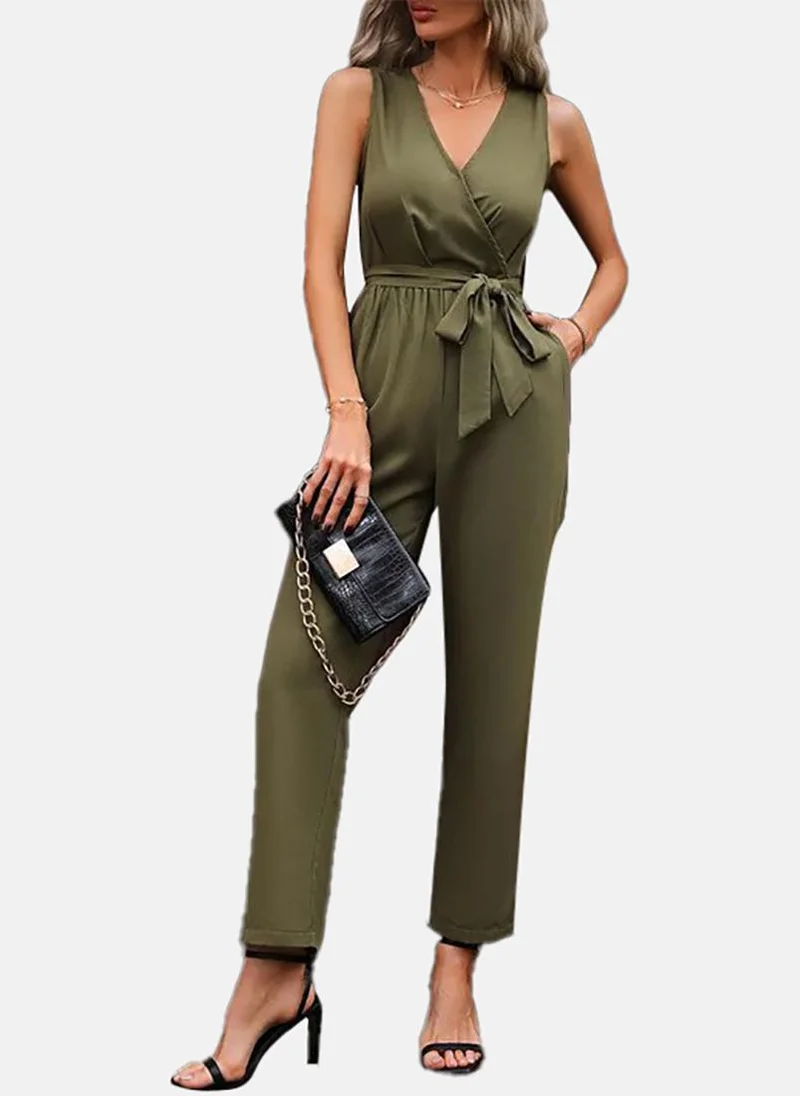 يونيكي Green Solid Slim Fit Plunge Neck Jumpsuit