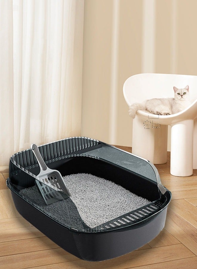 Semi-Enclosed Sifting Litter Box High Sides Cat Litter Box Anti-Splash with Spoon Clean Cat Pet Tray Kitten Open Top Litter Tray Travel Cat Toilet Cat Litter Pan(Black) - Image 1