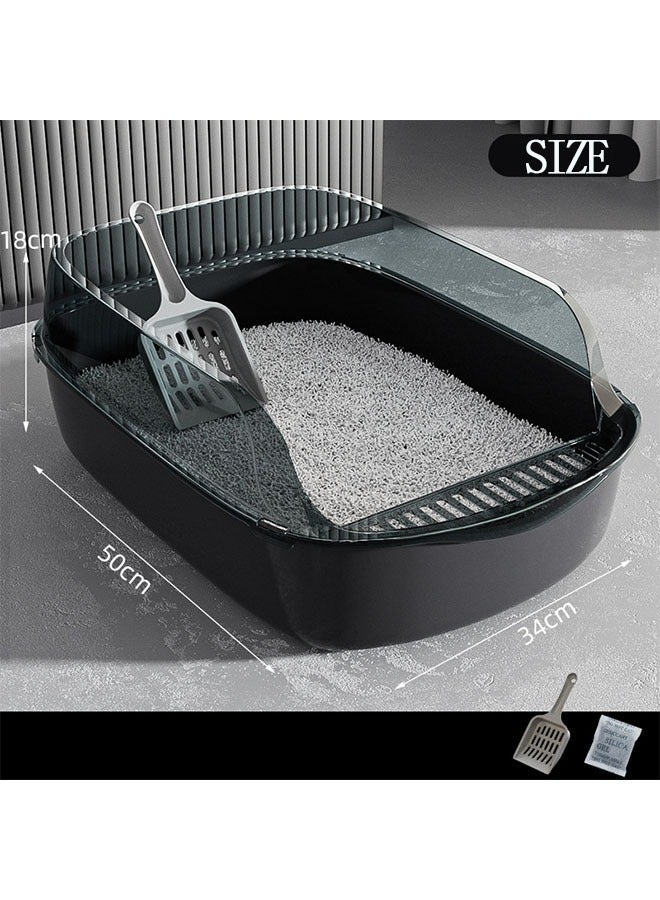 Semi-Enclosed Sifting Litter Box High Sides Cat Litter Box Anti-Splash with Spoon Clean Cat Pet Tray Kitten Open Top Litter Tray Travel Cat Toilet Cat Litter Pan(Black) - Image 2