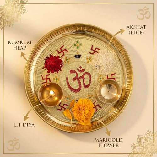 PITARA HOMES Brass Pooja Plate Puja Thali 8 Inch arati Plate for Pooja Traditional Designed Handcrafted Thali for Puja Ghar Home Office Mandir Diwali Wedding Return Gift Items - Image 4