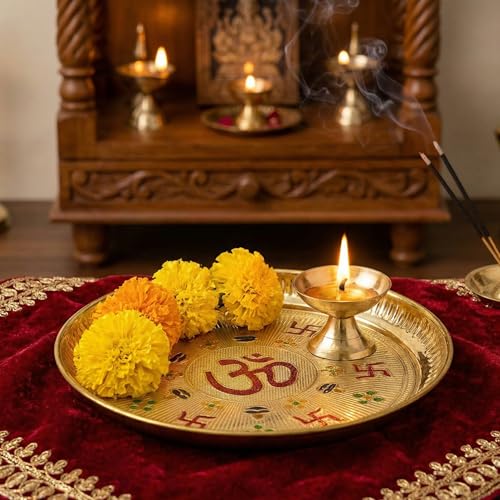 PITARA HOMES Brass Pooja Plate Puja Thali 8 Inch arati Plate for Pooja Traditional Designed Handcrafted Thali for Puja Ghar Home Office Mandir Diwali Wedding Return Gift Items - Image 3