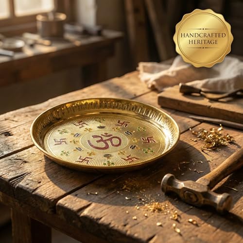 PITARA HOMES Brass Pooja Plate Puja Thali 8 Inch arati Plate for Pooja Traditional Designed Handcrafted Thali for Puja Ghar Home Office Mandir Diwali Wedding Return Gift Items - Image 5
