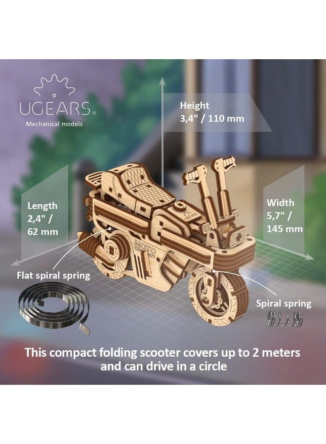 UGEARS طقم نموذج دراجة نارية خشبية سكوتر قابل للطي 3D للألغاز للبالغين والأطفال طقم نماذج الألغاز 3D للبالغين (تصل إلى 6 أقدام) سكوتر ذاتي الدفع بعجلتين ألغاز خشبية 3D - Image 5