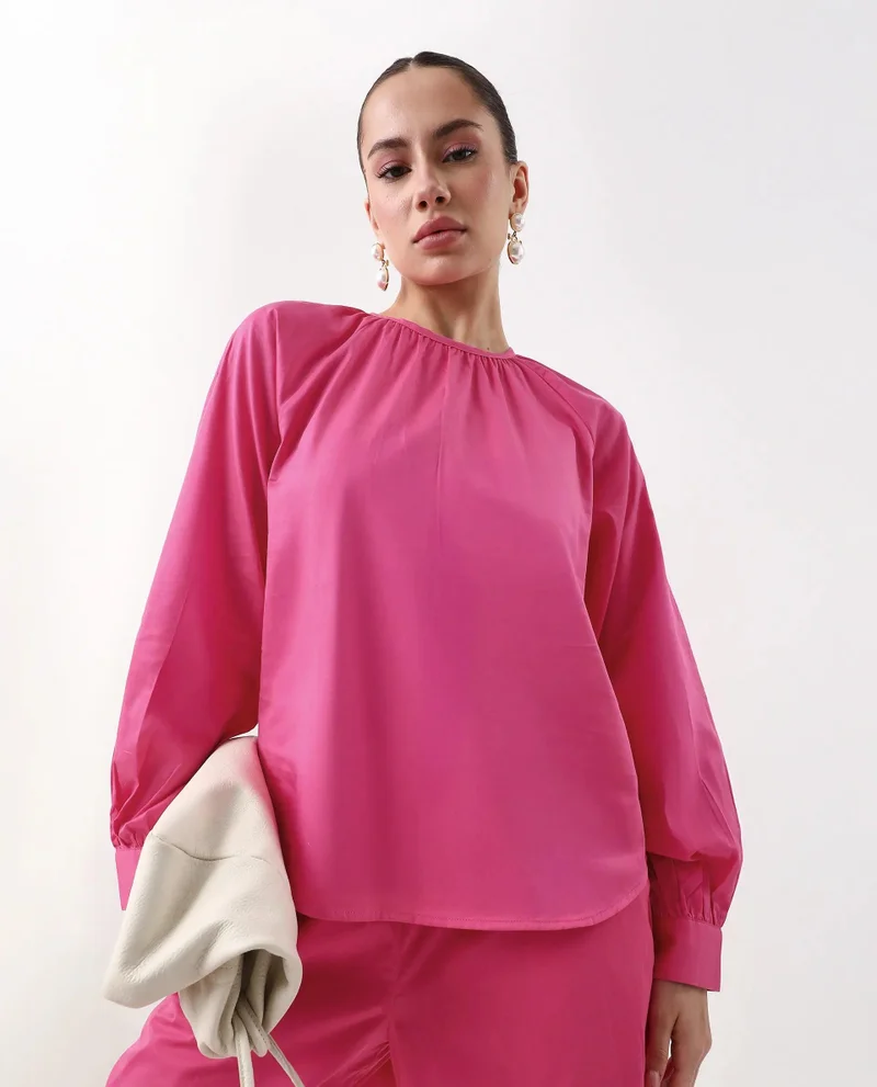 Rareism Women's Solid Raglan Sleeve Gathered Top