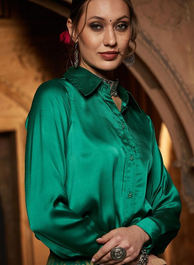 PRASHA Women Green Satin Regular Shirt - Image 3