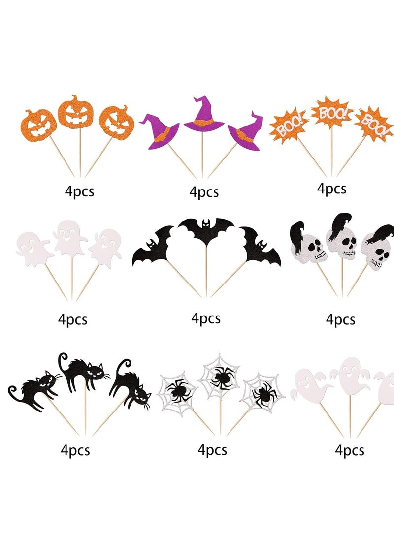 Pack of 36 Cupcake Toppers Glitter Bat Witch Cat Pumpkin Spider Web Cupcake Picks Theme Baby Shower Birthday Party Cake Decorations Accessories  - Image 3