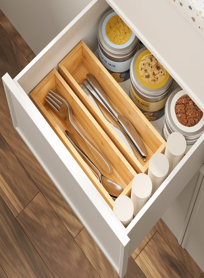 BAMEOS Kitchen Drawer Organizer,Small Silverware Drawer Organizer,Bamboo Utensil Organizer for Bathroom, Dressing Room, Office, Pantry (Natural, 11"x 3") Set of 2 - Image 2