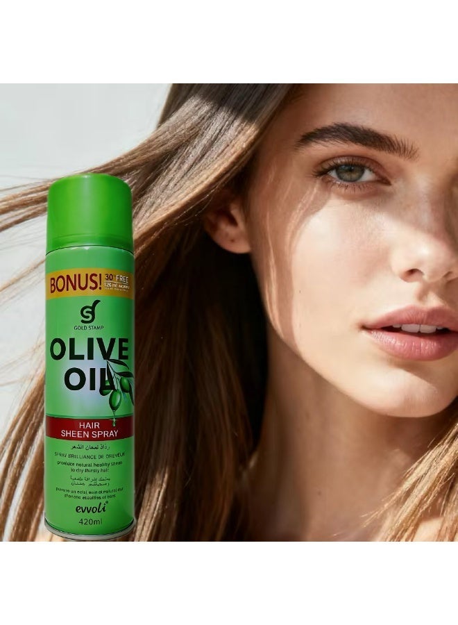 Evvoli Olive Oil Nourishing Hair Sheen Spray 420ml,Non-Greasy Alcohol free,Provide Natural Healthy Sheen to Dry & Thirsty Hair for Smooth,Shiny & Frizz Free Hair - Image 1
