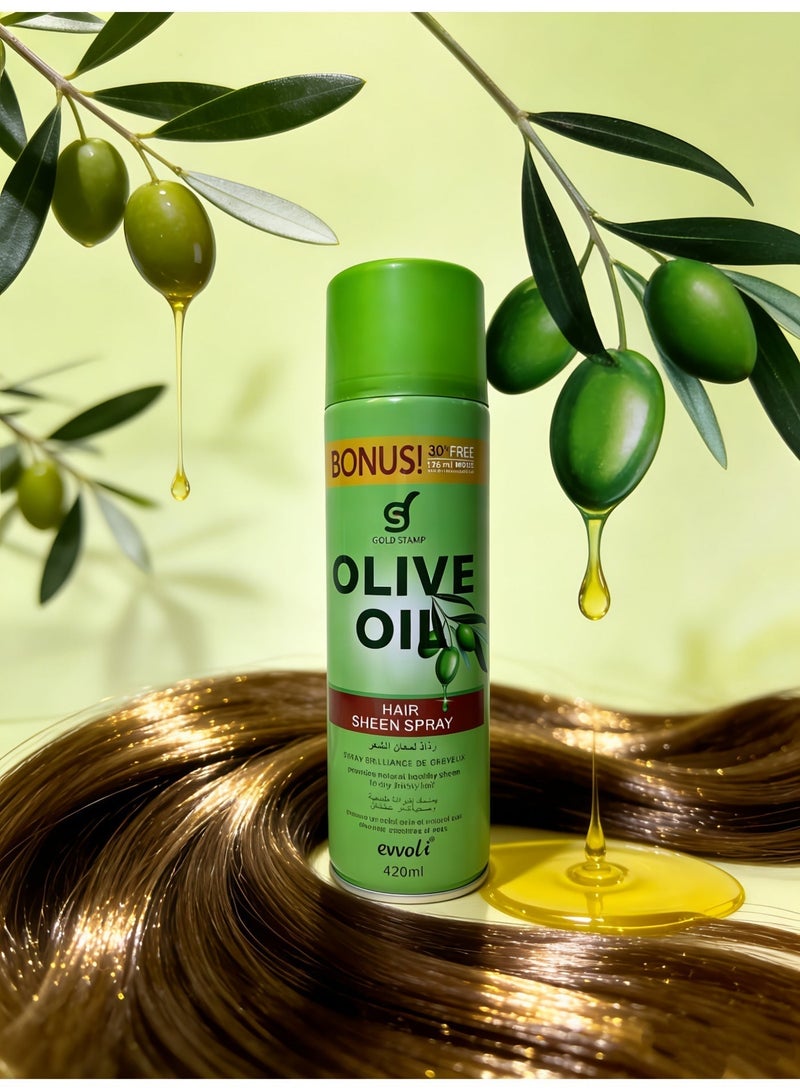 Evvoli Olive Oil Nourishing Hair Sheen Spray 420ml,Non-Greasy Alcohol free,Provide Natural Healthy Sheen to Dry & Thirsty Hair for Smooth,Shiny & Frizz Free Hair - Image 2