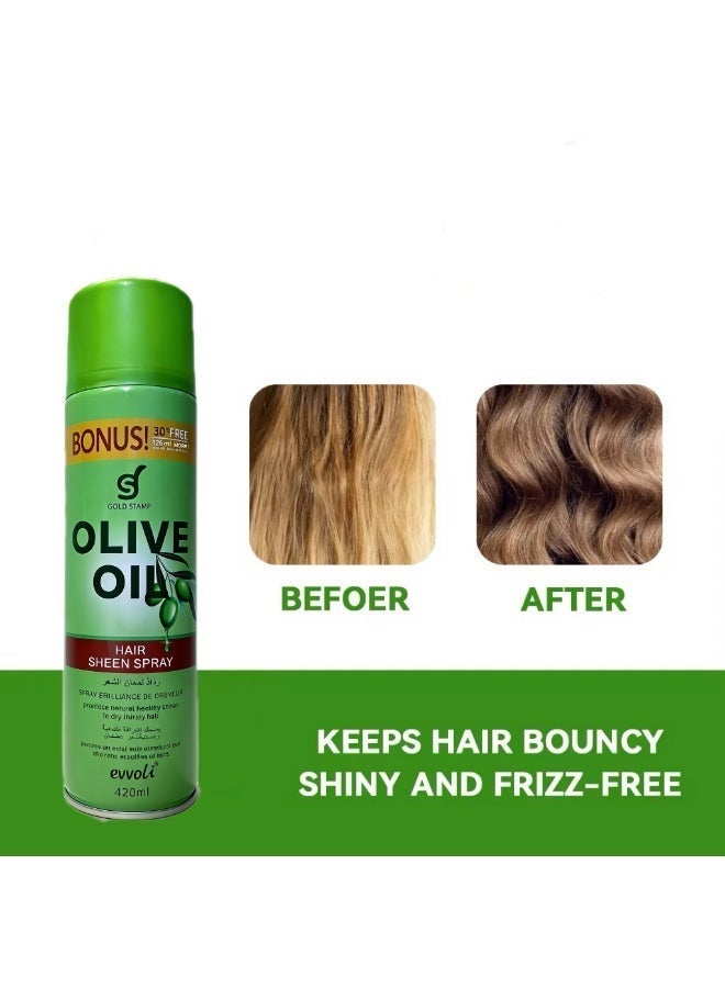 Evvoli Olive Oil Nourishing Hair Sheen Spray 420ml,Non-Greasy Alcohol free,Provide Natural Healthy Sheen to Dry & Thirsty Hair for Smooth,Shiny & Frizz Free Hair - Image 4