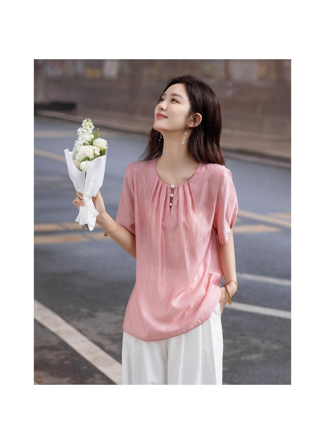 dme Demnasummer Pearl Decorated Round Neck Water Drop Button Shirt Elegant Short Sleeve Blouse Women's Top - Image 1