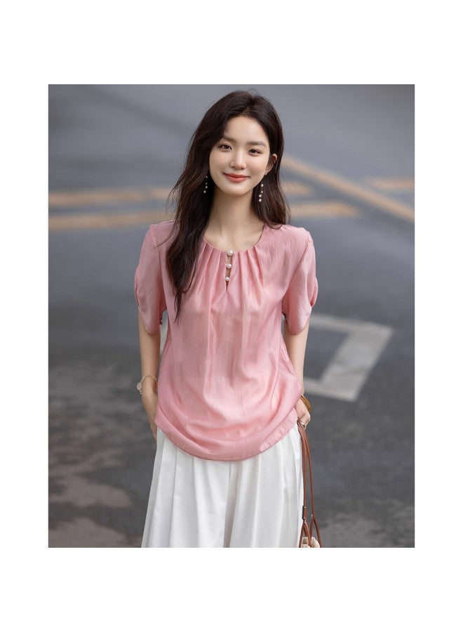 dme Demnasummer Pearl Decorated Round Neck Water Drop Button Shirt Elegant Short Sleeve Blouse Women's Top - Image 2