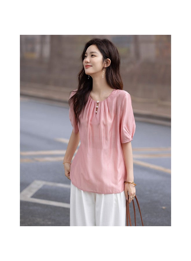 dme Demnasummer Pearl Decorated Round Neck Water Drop Button Shirt Elegant Short Sleeve Blouse Women's Top - Image 4
