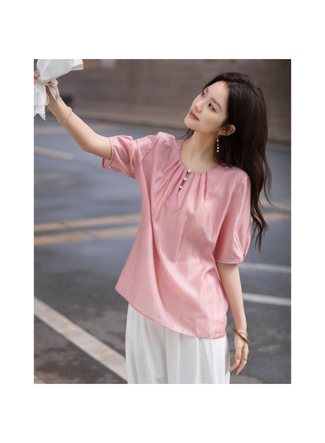 dme Demnasummer Pearl Decorated Round Neck Water Drop Button Shirt Elegant Short Sleeve Blouse Women's Top - Image 5
