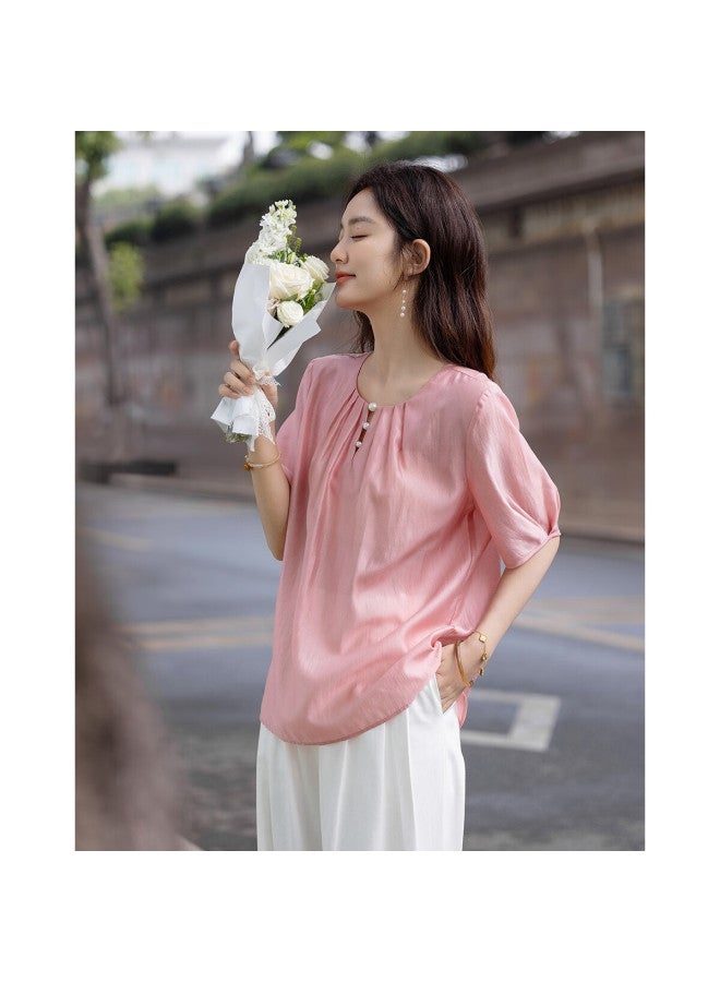 dme Demnasummer Pearl Decorated Round Neck Water Drop Button Shirt Elegant Short Sleeve Blouse Women's Top - Image 3