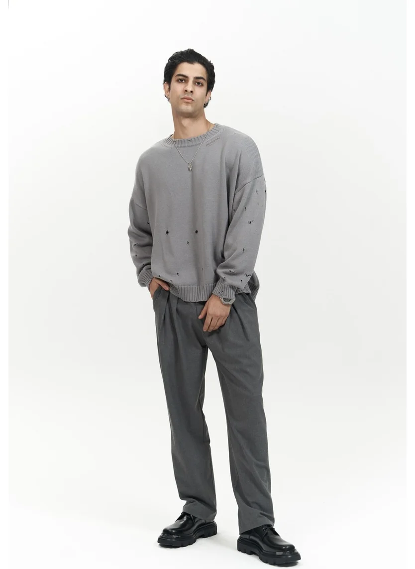Mai Collection Alec Ribbed Ripped Detail Smoke Men's Knitwear Sweater