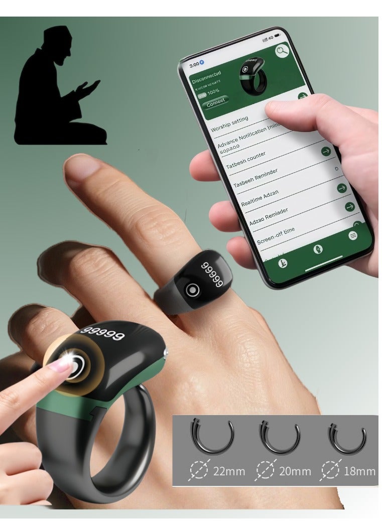 أفضل ذروة خاتم صلاة ذكي، موديل جديد، شاشة لمس، عداد تسبيح، بطارية كبيرة، شاشة OLED، خاتم ساعة رقمية، خاتم خرز تسبيح، مسبحة إلكترونية، خاتم استغفار، تسبيح إلكتروني، تسبيح ذكي، خاتم تسبيح، تسبيح إلكتروني، هدية رمضان، هدية عيد الفطر وارتداء يومي، للرجال والنساء، يتضمن الخاتم الرجالي 3 أحجام متوافقة (18 مم/20 مم/22 مم) تذكير بأوقات الصلاة مع تذكير بالاهتزاز، عداد تسبيح واتصال بلوتوث - Image 1