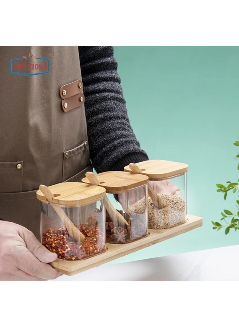 VAGHASIYA VAGHASIYA Condiment Jars with Lids and Spoon Seasoning Box Set with Bamboo Tray Spice Containers for Sugar Salt Pepper 300ml10oz Pack of 3 Square 