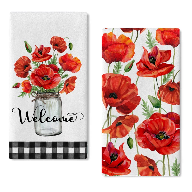 Seliem Welcome Spring Poppy Flower Kitchen Dish Towel Set of 2 Red Floral Hand Towel Buffalo Plaid Check Drying Baking Cooking Cloth Watercolor Summer Seasonal Kitchen Decor 18x26 Inches