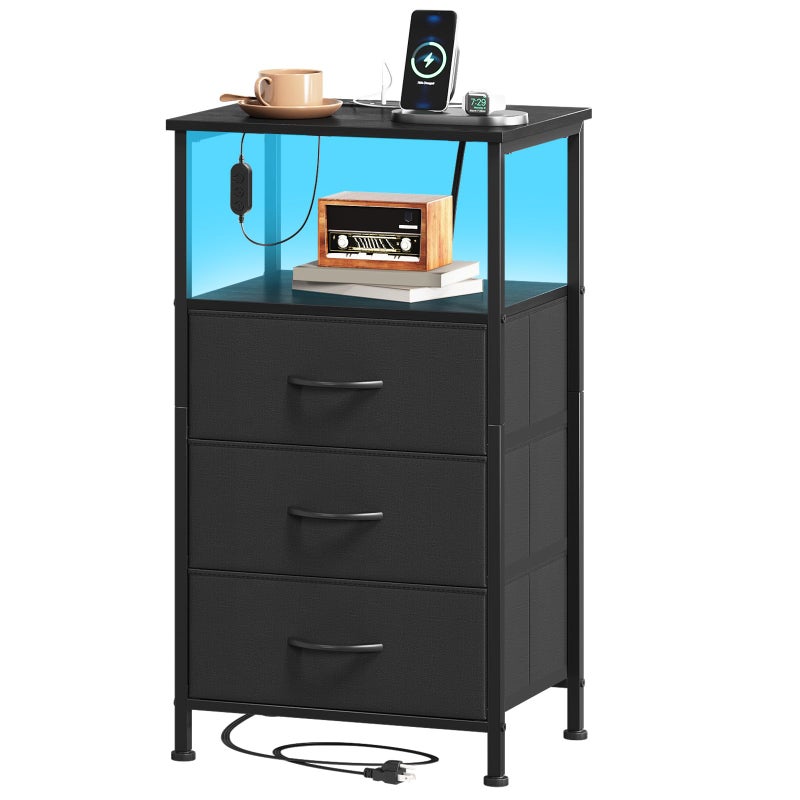 Somdot Black Nightstand with Charging Station and LED Light for Bedroom, Tall 3 Drawers Dresser with Fabric Bins for Bedside Kids Dorm Room Closet Laundry Entryway, Black - Image 1