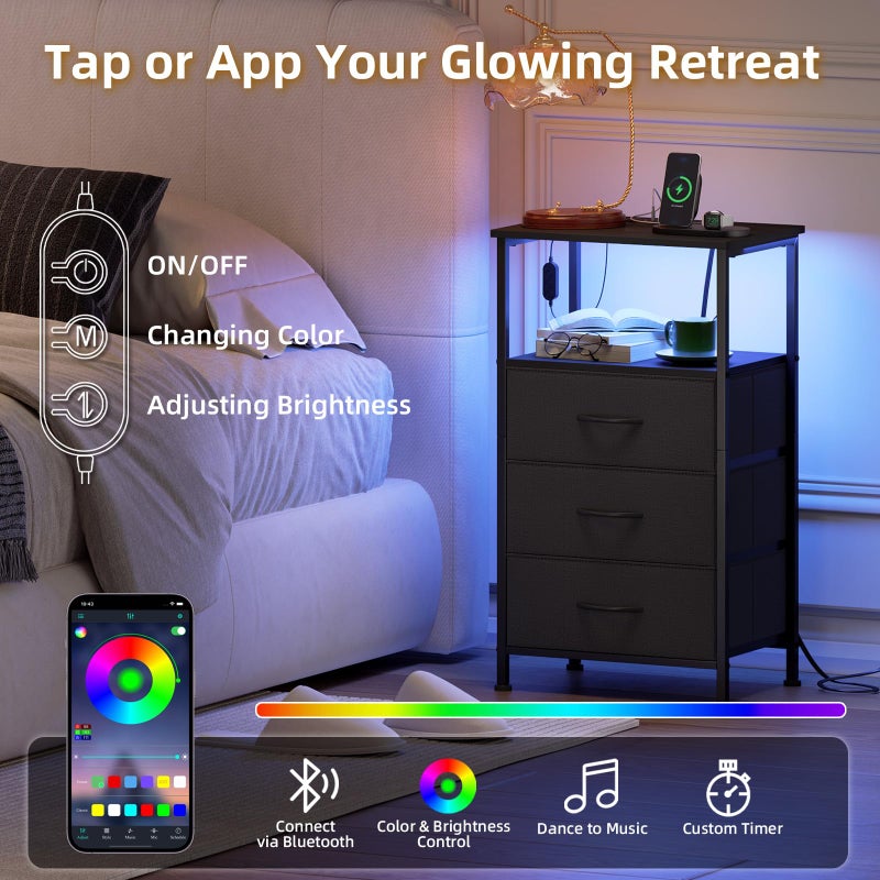 Somdot Black Nightstand with Charging Station and LED Light for Bedroom, Tall 3 Drawers Dresser with Fabric Bins for Bedside Kids Dorm Room Closet Laundry Entryway, Black - Image 4