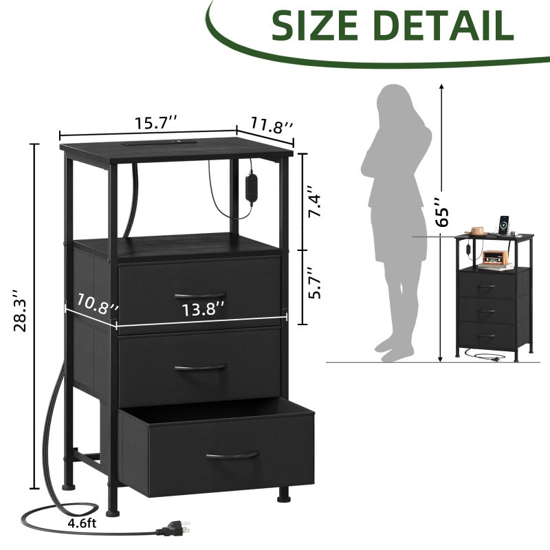 Somdot Black Nightstand with Charging Station and LED Light for Bedroom, Tall 3 Drawers Dresser with Fabric Bins for Bedside Kids Dorm Room Closet Laundry Entryway, Black - Image 3