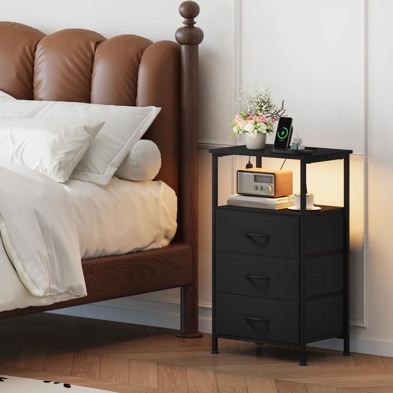 Somdot Black Nightstand with Charging Station and LED Light for Bedroom, Tall 3 Drawers Dresser with Fabric Bins for Bedside Kids Dorm Room Closet Laundry Entryway, Black - Image 2