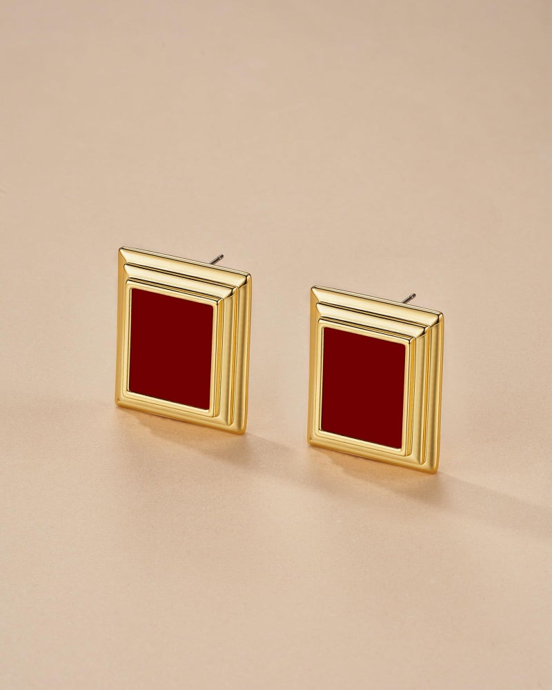 SNGIA 18K Gold Plated Burgundy Maroon Black Large Chunky Thin Ribbed Chamfered Square Geometric Dangle Stud Statement Earrings for Women by SNGIA , Big Tropical Button Bohemian Handmade Trendy Baroque Enamel Vacation Summer Chandelier Drop Jewelry Gifts, Rectangle Huggies Fashion Button Accessories, Vintage Hawaiian Floral Square Nickle Free Huggie Earring. - Image 3
