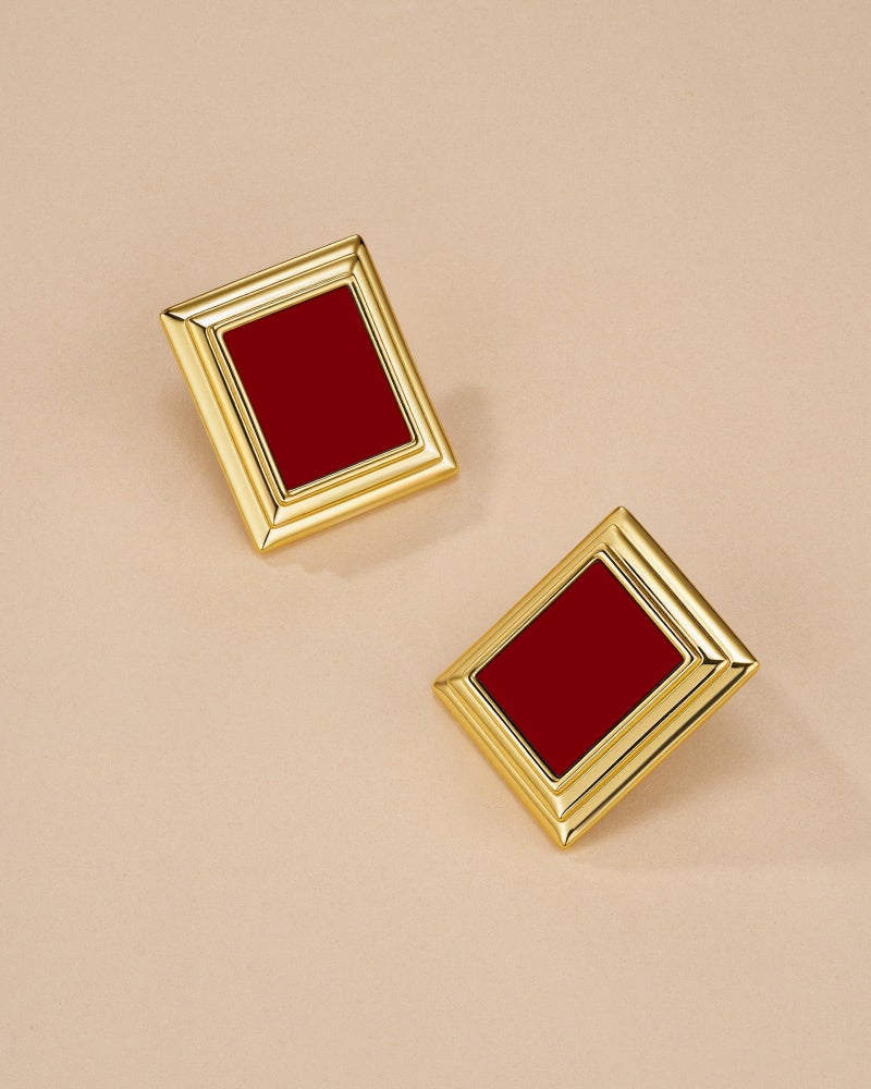SNGIA 18K Gold Plated Burgundy Maroon Black Large Chunky Thin Ribbed Chamfered Square Geometric Dangle Stud Statement Earrings for Women by SNGIA , Big Tropical Button Bohemian Handmade Trendy Baroque Enamel Vacation Summer Chandelier Drop Jewelry Gifts, Rectangle Huggies Fashion Button Accessories, Vintage Hawaiian Floral Square Nickle Free Huggie Earring. - Image 5