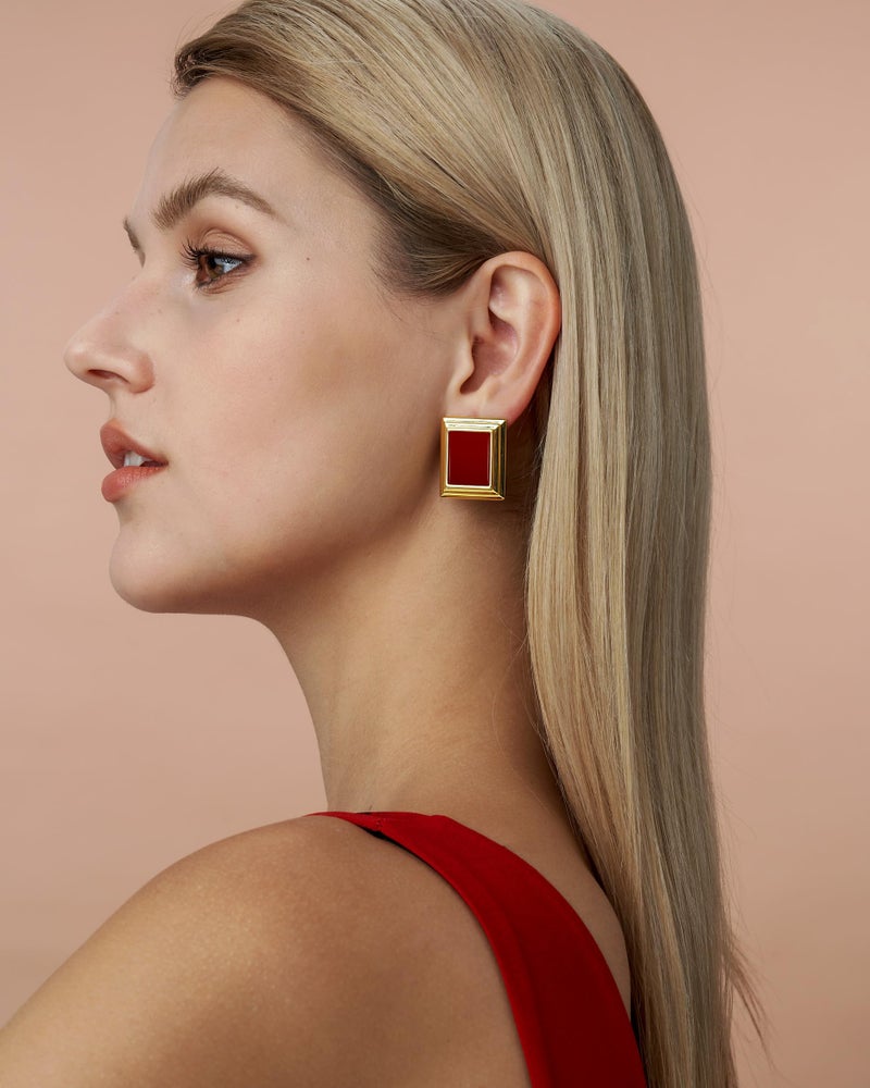 SNGIA 18K Gold Plated Burgundy Maroon Black Large Chunky Thin Ribbed Chamfered Square Geometric Dangle Stud Statement Earrings for Women by SNGIA , Big Tropical Button Bohemian Handmade Trendy Baroque Enamel Vacation Summer Chandelier Drop Jewelry Gifts, Rectangle Huggies Fashion Button Accessories, Vintage Hawaiian Floral Square Nickle Free Huggie Earring. - Image 2