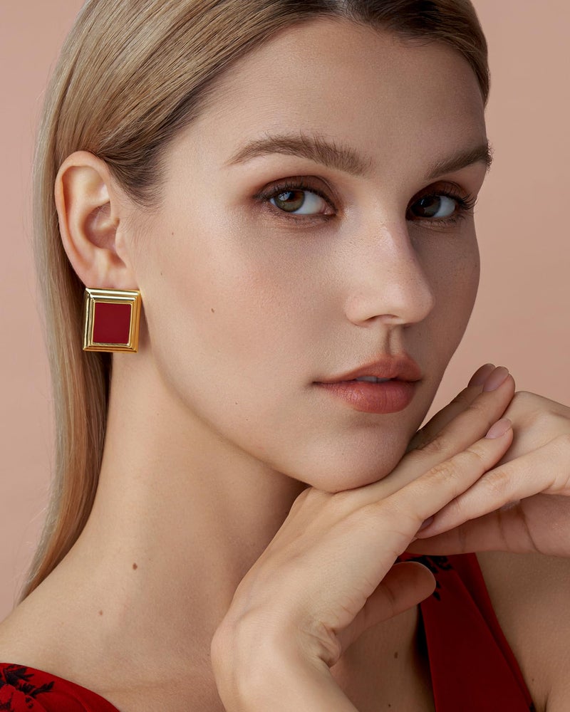 SNGIA 18K Gold Plated Burgundy Maroon Black Large Chunky Thin Ribbed Chamfered Square Geometric Dangle Stud Statement Earrings for Women by SNGIA , Big Tropical Button Bohemian Handmade Trendy Baroque Enamel Vacation Summer Chandelier Drop Jewelry Gifts, Rectangle Huggies Fashion Button Accessories, Vintage Hawaiian Floral Square Nickle Free Huggie Earring. - Image 4