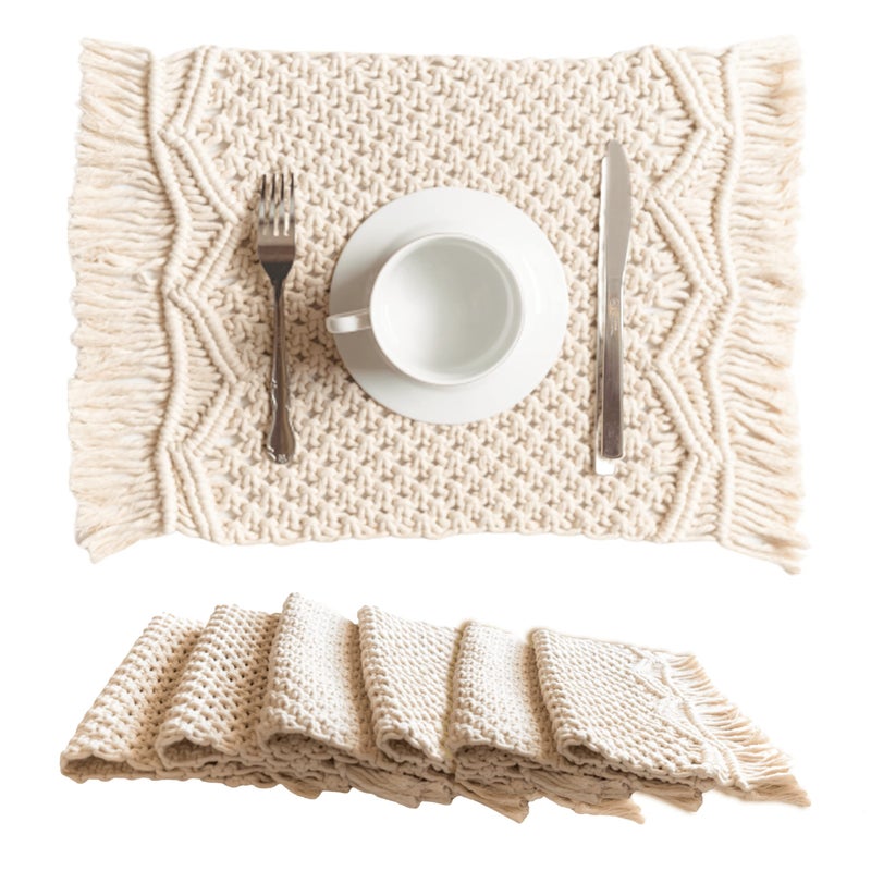 SnugLife Macrame Placemats Set of 6  Handmade Cotton Woven Boho Placemats  Modern Farmhouse Fringe Placemats for Dining Table Kitchen Bohemian Wedding Dcor Rustic Natural Off White 12x20