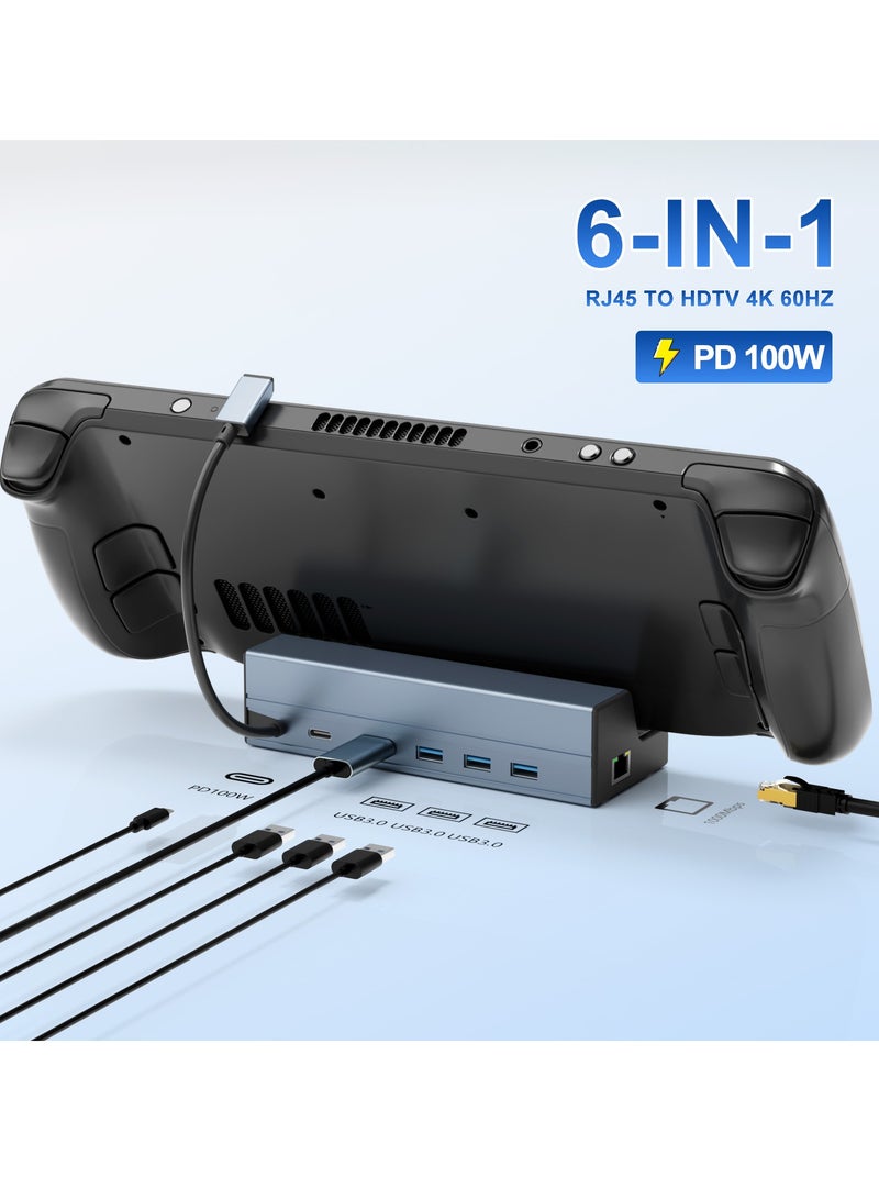 B NEW 6 in 1 Aluminum Docking Station for Valve Steam Deck with 4K 60Hz HDMI 2.0, 90W USB C PD Charging, RJ45 100M Ethernet, USB 3.0 and USB 2.0 Ports for Home and Office Use - Image 1