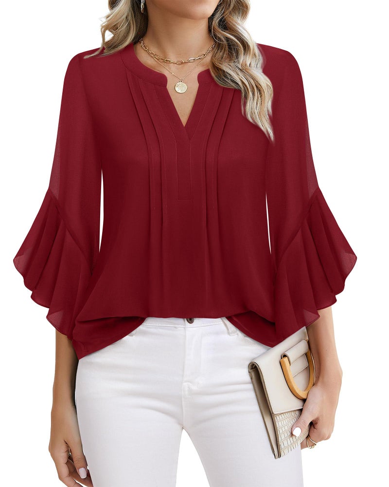 Timeson Fall Blouses for Women 2025: Business Casual - Women Work Tops - Dress Shirts Fashion V Neck Ladies Office Top Professional Attire Wrinkle Free Chiffon Tunics Christmas Outfits Wear Red XL - Image 1